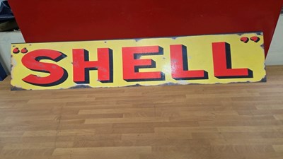 Lot 693 - SHELL TIN REPRO SIGN 41" X 8"