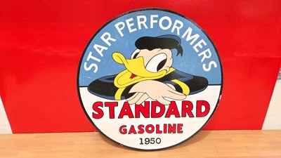 Lot 173 - HAND PAINTED WOODEN STANDARD GASOLINE SIGN 19.5 " DIA