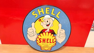 Lot 205 - HAND PAINTED ON WOOD SHELL MOTOR OIL " POPEYE" SIGN 19.5" DIA