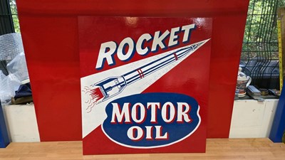 Lot 275 - WOODEN HAND PAINTED ROCKET OIL SIGN 26" X 24"