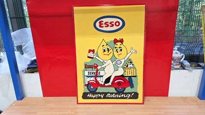 Lot 479 - WOODEN HAND PAINTED ESSO HAPPY MOTORING SIGN 28" X 20"