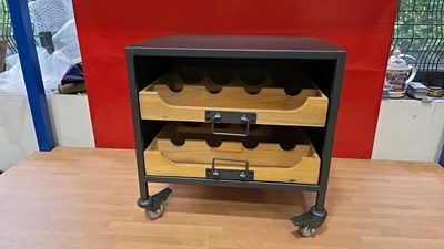 Lot 385 - 8 BOTTLE WINE RACK ON WHEELS 17" X 17"