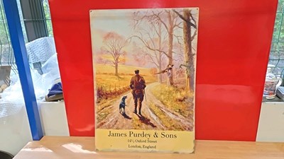Lot 581 - JAMES PURDEY TIN REPRO SIGN 27" x 20"