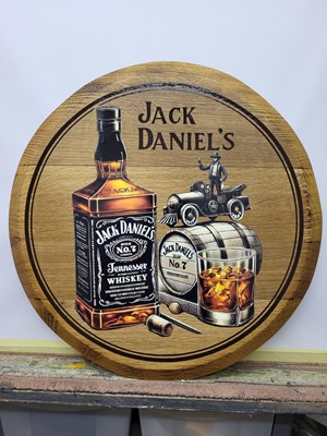 Lot 169 - HANDMADE JACK DANIELS DOUBLE SIDED OAK BARREL TOP SIGN 19" DIA