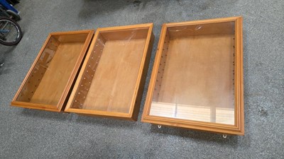 Lot 743 - 3 X LARGE WOODEN DISPLAY CABINETS WITH GLASS SHELVES 37" X 26"