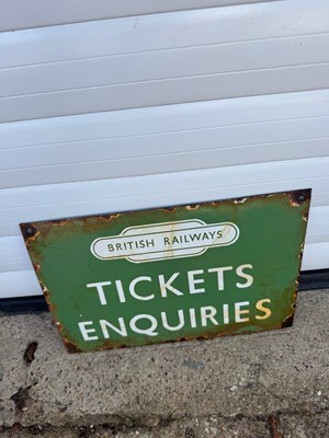 Lot 455 - BRITISH RAILWAYS TICKET ENQUIRIES ENAMEL SIGN 14" X 9.5"
