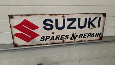 Lot 220 - HAND PAINTED SUZUKI SPARES + REPAIRS METAL SIGN 39" X 12"