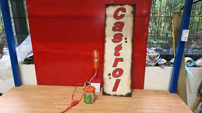 Lot 385 - HAND PAINTED CASTROL METAL SIGN & GREASE TIN LAMP 30" X 10"
