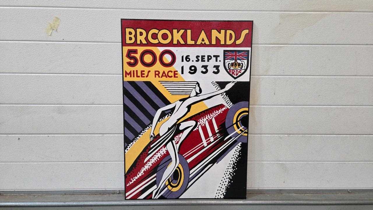 Lot 31 - WOODEN HAND PAINTED BROOKLAND'S 500 MILE RACE 28" X 20"