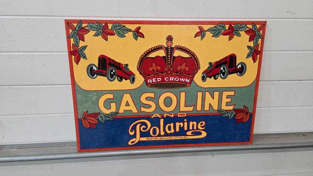 Lot 99 - WOODEN HAND PAINTED RED CROWN GASOLINE SIGN 28" X 20"