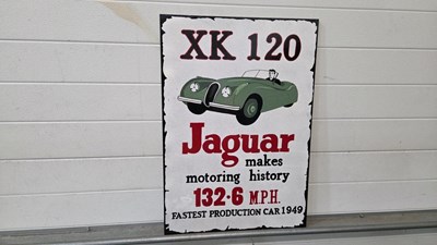 Lot 383 - WOODEN HAND PAINTED JAGUAR XK 120 SIGN 28" X 20"