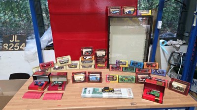 Lot 443 - MATCHBOX CARS / LORRIES + WOODEN DISPLAY CASE WITH GLASS SHELVES
