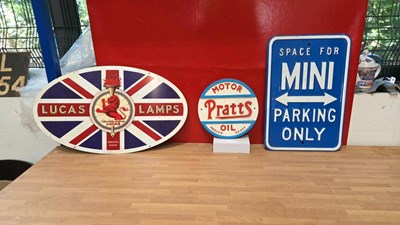 Lot 217 - PRATTS MOTOR OIL, MINI PARKING & LUCAS LAMPS REPRO SIGNS