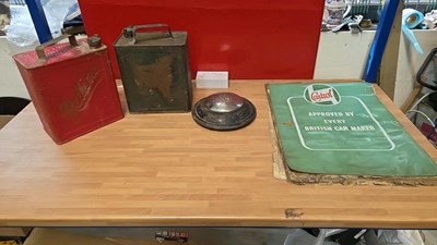 Lot 505 - 2 PETROL CANS , FORD HUB CAP & CASTROL LUBRICATION CHART