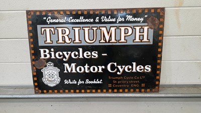 Lot 305 - TRIUMPH BICYCLES - MOTOR CYCLES ENAMEL SIGN 24" X 15"