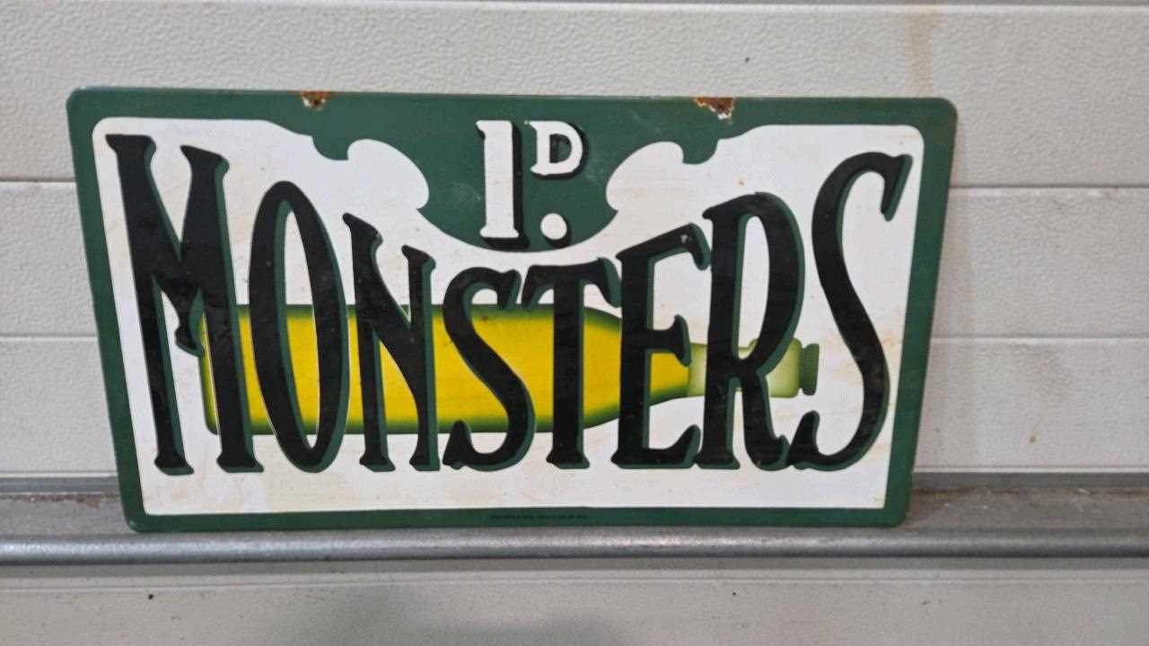 Lot 5 - MONSTERS LEMONADE, DOUBLE SIDED ENAMEL SIGN 24" X 13"