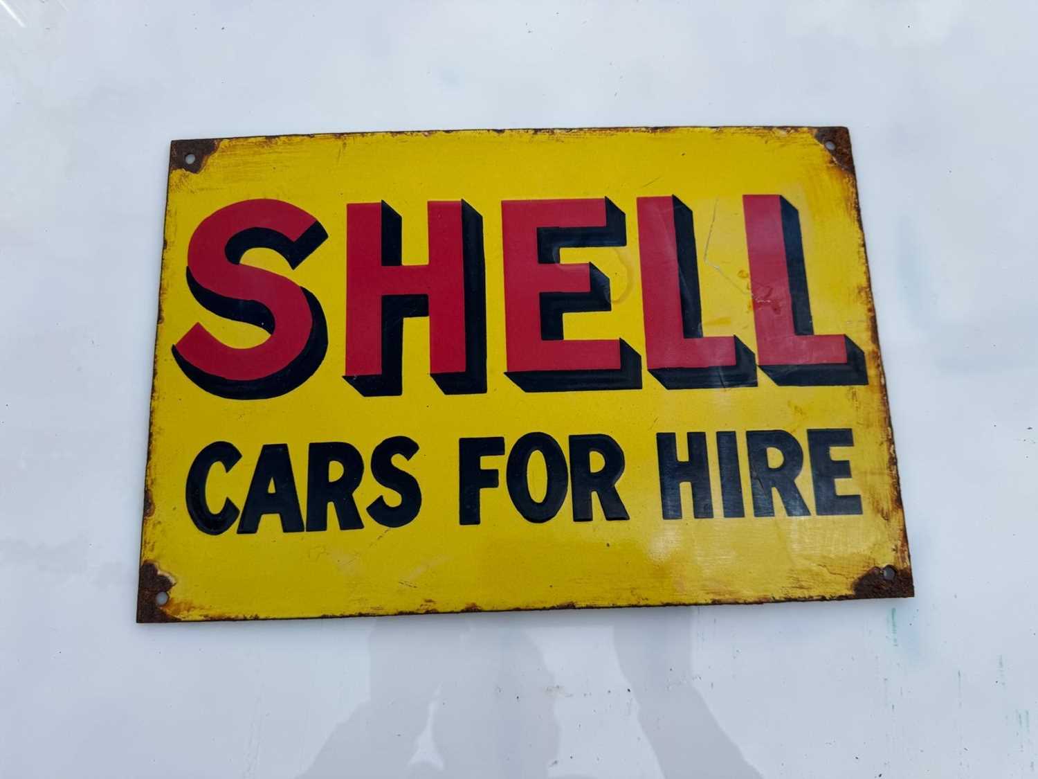 Lot 65 - SHELL CARS FOR HIRE ENAMEL SIGN 14" X 9.5"