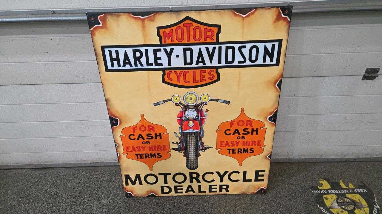 Lot 23 - HARLEY DAVIDSON MOTOR CYCLES HAND PAINTED ON CANVAS SIGN 40" X 32"