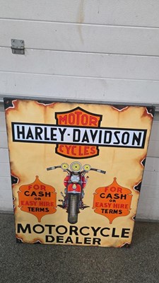 Lot 23 - HARLEY DAVIDSON MOTOR CYCLES HAND PAINTED ON CANVAS SIGN 40" X 32"