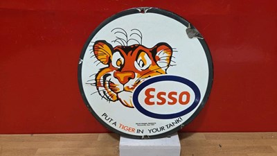 Lot 755 - ESSO TIGER IN YOUR TANK STYLE ENAMEL SIGN 12" DIA