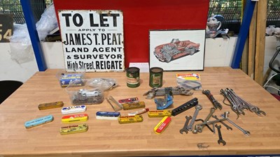 Lot 675 - JAMES T PEAT LAND AGENT ENAMEL SIGN , PRINT OF A TR4 & SELECTION OF SPANNERS