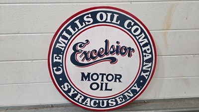 Lot 105 - WOODEN HAND PAINTED EXCELSIOR MOTOR OIL SIGN 19.5 " DIA