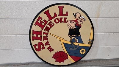 Lot 133 - WOODEN HAND PAINTED SHELL MARINE OIL SIGN 19.5" DIA