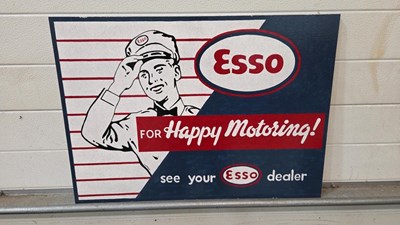 Lot 391 - WOODEN HAND PAINTED ESSO HAPPY MOTORING SIGN 28" X 20"
