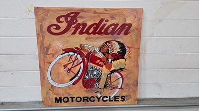 Lot 503 - WOODEN HAND PAINTED INDIAN MOTOR CYCLES SIGN 28" X 28"