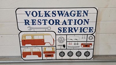 Lot 687 - WOODEN HAND PAINTED VW RESTORATION SIGN 29" X 20.5"