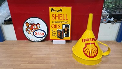 Lot 295 - 2 ENAMEL SIGNS + SHELL FUNNEL, SHELL OIL & ESSO TIGER