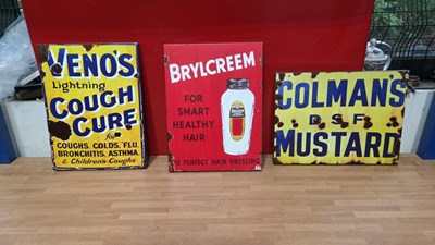 Lot 563 - 3 X TIN REPRO ADVERTISING SIGNS, COLEMANS , VENOS & BRYLCREEM