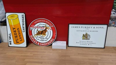 Lot 889 - 3 X PURDEY & WINCHESTER GUN REPRO ENAMEL SIGNS