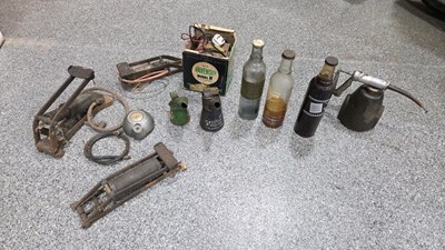 Lot 859 - BOX OF GLASS OIL BOTTLES, OIL JUGS , OLD TRUCK TACHOGRAPH