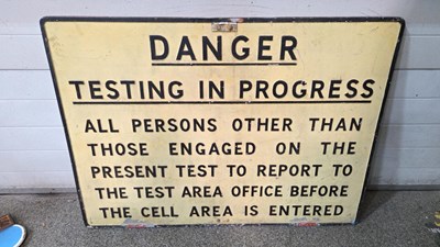 Lot 821 - CAST ALUMINIUM DANGER TESTING IN PROGRESS SIGN 45" x 33"
