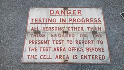 Lot 791 - CAST ALUMINIUM DANGER TESTING , FOLDING SIGN 45" X 33"