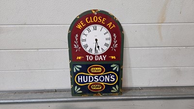 Lot 101 - HUDSON ENAMEL CLOCK SIGN 18" X 11"
