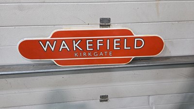 Lot 517 - WAKEFIELD RAILWAY TOTEM ENAMEL SIGN 36" X 10"