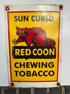 Lot 55 - RED COON CHEWING TOBACCO ENAMEL SIGN 11" X 16.5"
