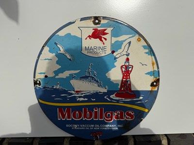 Lot 161 - MOBILGAS MARINE PRODUCTS ENAMEL SIGN 11" DIA