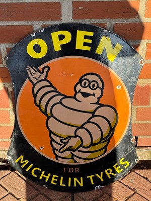 Lot 387 - OPEN FOR MICHELIN TYRES ENAMEL SIGN 18.5" X 23.5"