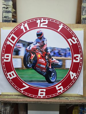Lot 611 - HANDMADE 32" DIAMETER CARL FOGARTY DUCATI GOODWOOD CLOCK