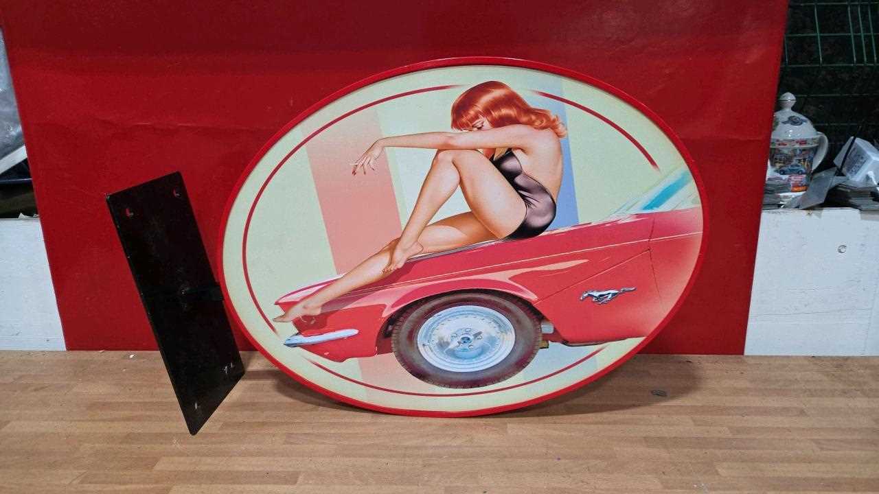 Lot 189 - MUSTANG PIN UP GIRL , DOUBLE SIDED SIGN 25" x 17"
