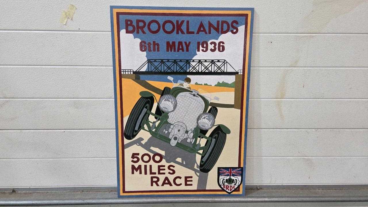 Lot 25 - WOODEN HAND PAINTED BROOKLANDS 500 MILE RACE SIGN 28" X 20"