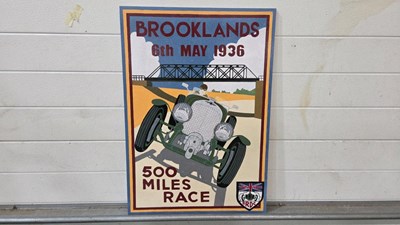 Lot 25 - WOODEN HAND PAINTED BROOKLANDS 500 MILE RACE SIGN 28" X 20"