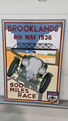 Lot 25 - WOODEN HAND PAINTED BROOKLANDS 500 MILE RACE SIGN 28" X 20"