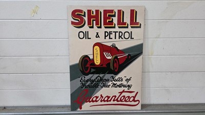 Lot 111 - WOODEN HAND PAINTED SHELL OIL & PETROL SIGN 28" X 20"