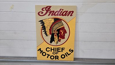 Lot 149 - WOODEN HAND PAINTED INDIAN MOTOR OILS SIGN 28" X 20"