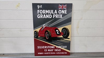 Lot 171 - WOODEN HAND PAINTED 1st F1 GRAND PRIX SIGN 28" X 20"