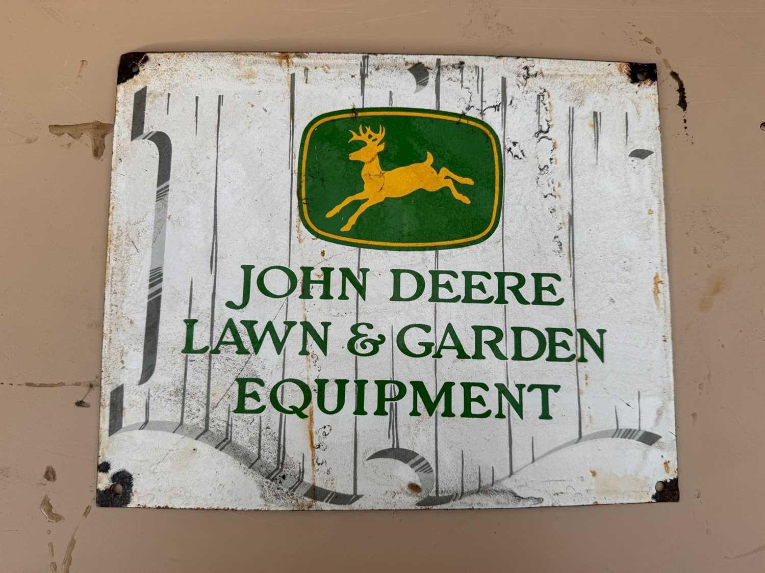 Lot 47 - JOHN DEERE LAWN & GARDEN EQUIPMENT REPRODUCTION ENAMEL SIGN 12.5" X 10"